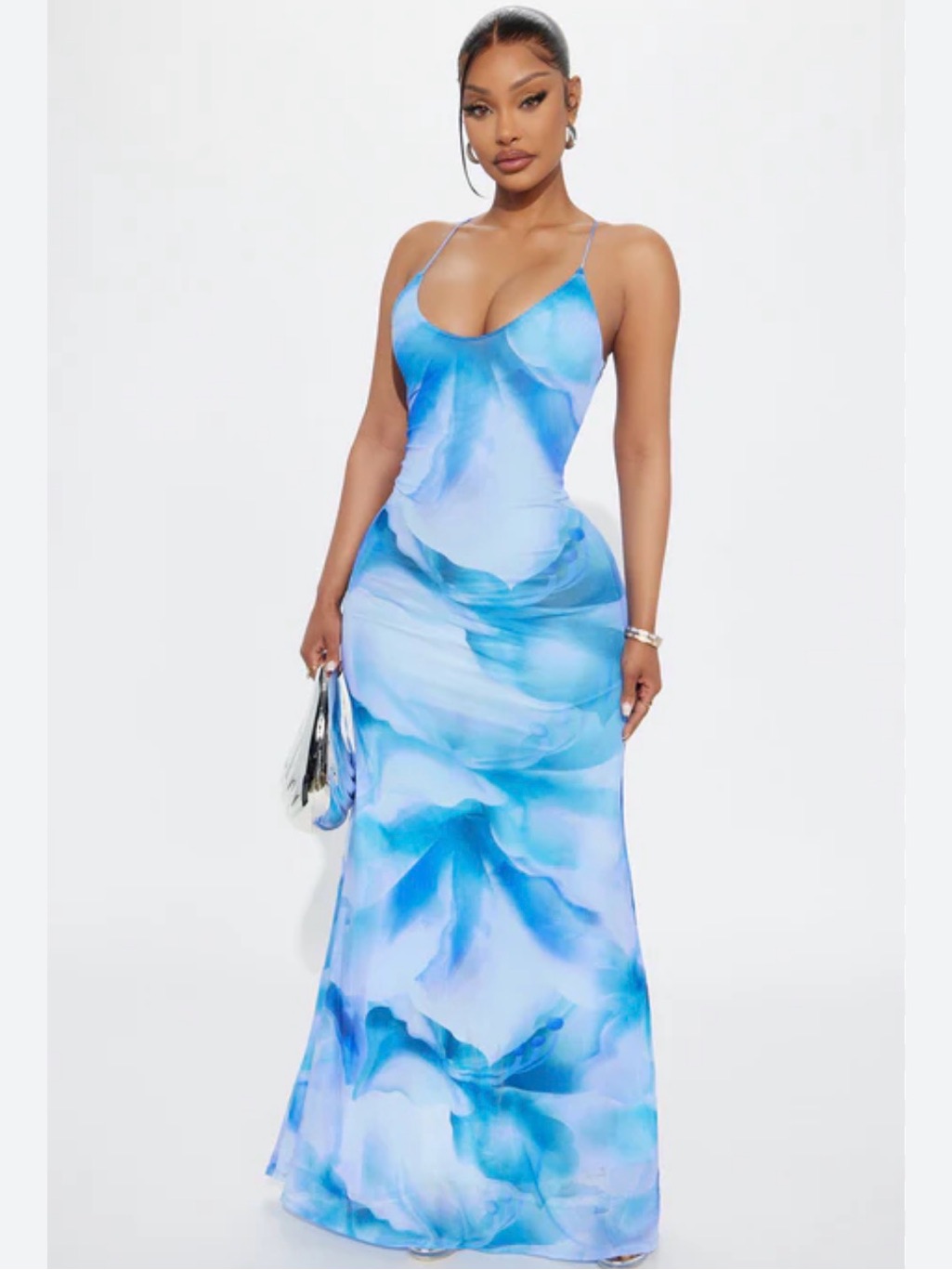 Sleek Mesh Blue Marble Slip Maxi Dress Coastal Vacation Bodycon